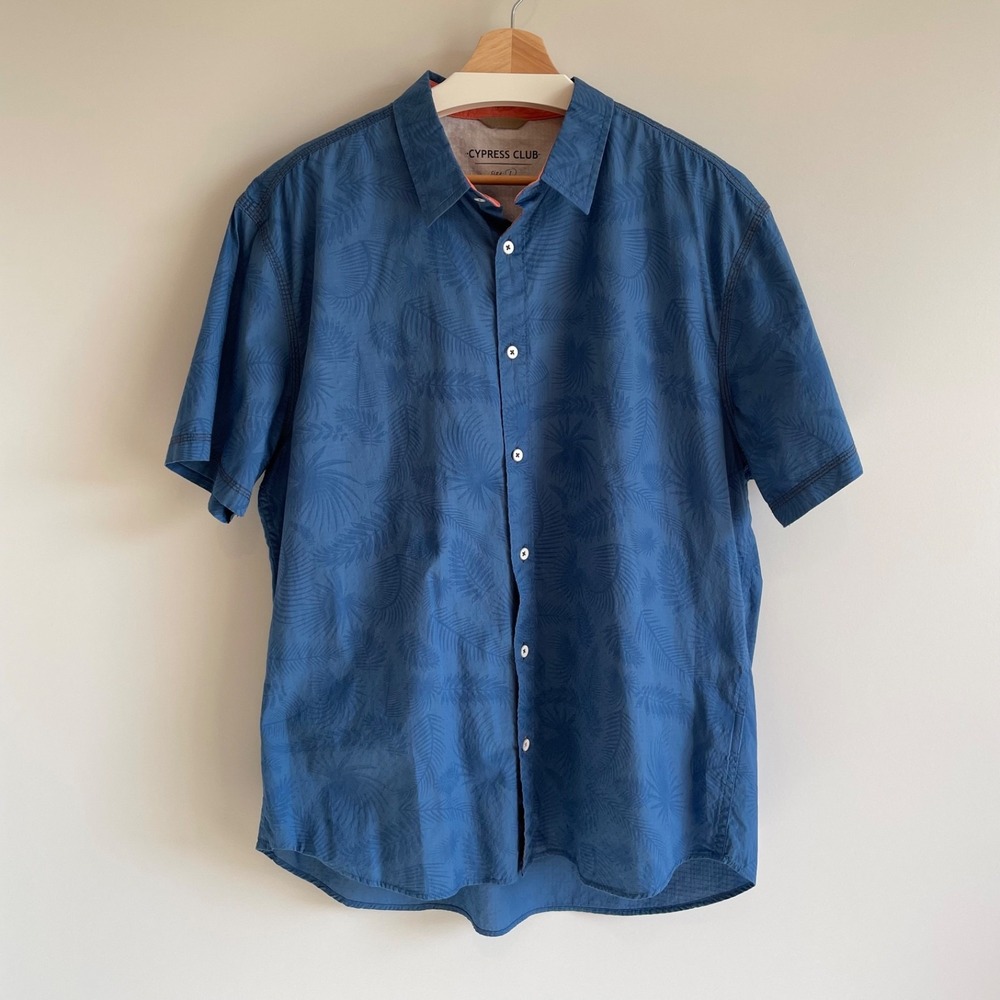 Cypress Club Mens Blue Tropical Palm Leaf Print Cotton Button Down Shirt Large‎